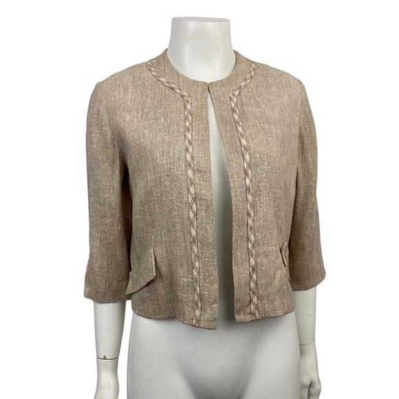 1960s Beige Linen Crop Jacket Top Three Quarter Sleeve / Women’s Small * - Picture 4 of 4